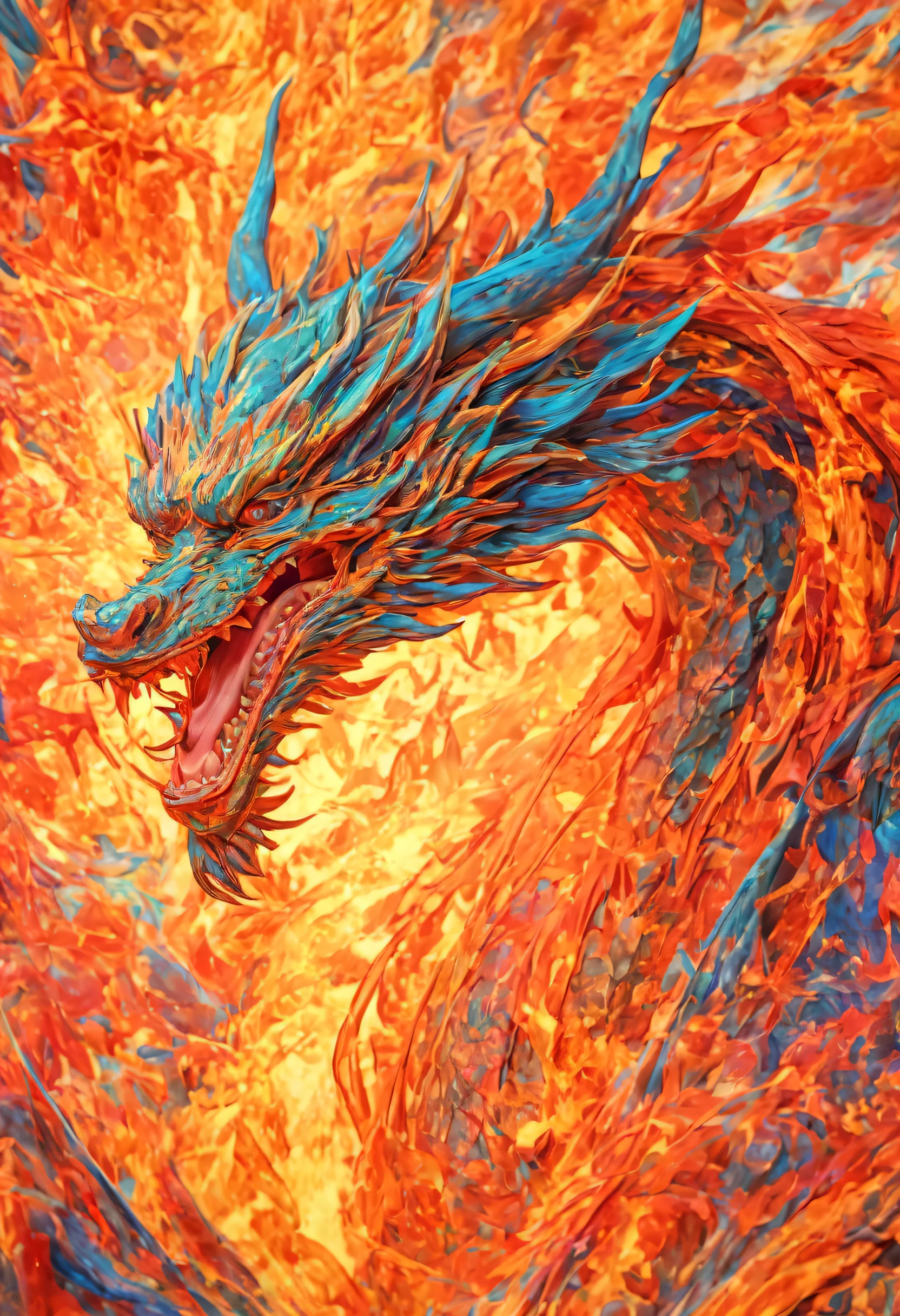 Chinese fire dragon blends into flame canvas, Head close-up, looking at camera, Use psychedelic landscapes and realistic styles. Psychedelic images, rolling flames, colorful turbulence, fascinating areas, Imaginative scenes, body fluid, perfect details, Style is Callas Ace, colorful futurism, oud image, The pattern explodes, splatter effect, body fluid, Panorama, chiaroscuro, Backlight and motion lines, textured skin, HD details, Ultra-detailed, ultra high definition, 16k resolution, super high quality, Overclocked rendering, 3d rendering