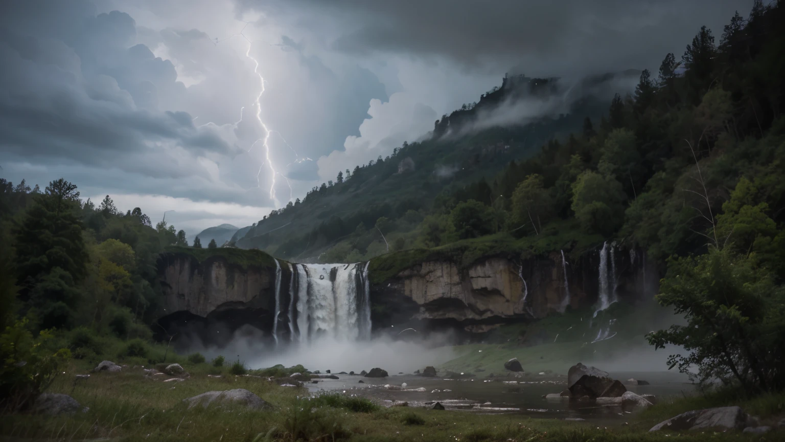 a big waterfall and heavy rain in the forest with fog, Overcast sky with lightning and thunder 