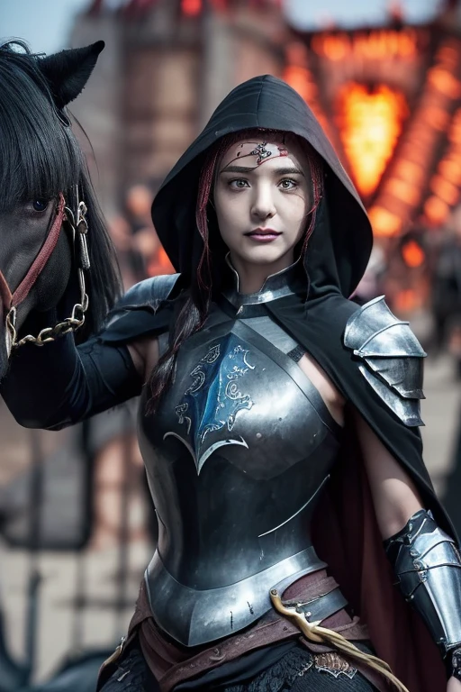 Extremely detailed CG unity 32K wallpaper, top quality, masterpiece, raw photo, photorealistic, highest resolution, professional photo, dynamic, cinematic lighting, (fantasy, Lord of the Rings:1.4), sharp focus, depth of field, (perfect body, correct anatomy:1.5), intricately detailed face, expressive face, POV, (from front:1.3), 1 girl, Japanese woman, ((female Nazgûl:1.4)), solo, cowboy shot, black hair, ultra-realistic skin, bright and dark eyes, beautiful nose and lips, (evil smile:1.4), ((black iron armor:1.5)), (black chain mail:1.2), ((black cape with hood:1.3)), ((perfect body proportion:1.4)), slender, medium breast, (((holding a long sword with magical power:1.3))), ((straddling on a horse, riding a black horse:1.5)), outdoor, (((Giant gate of Mordor, accompanied with her own legion, marching:1.4)))