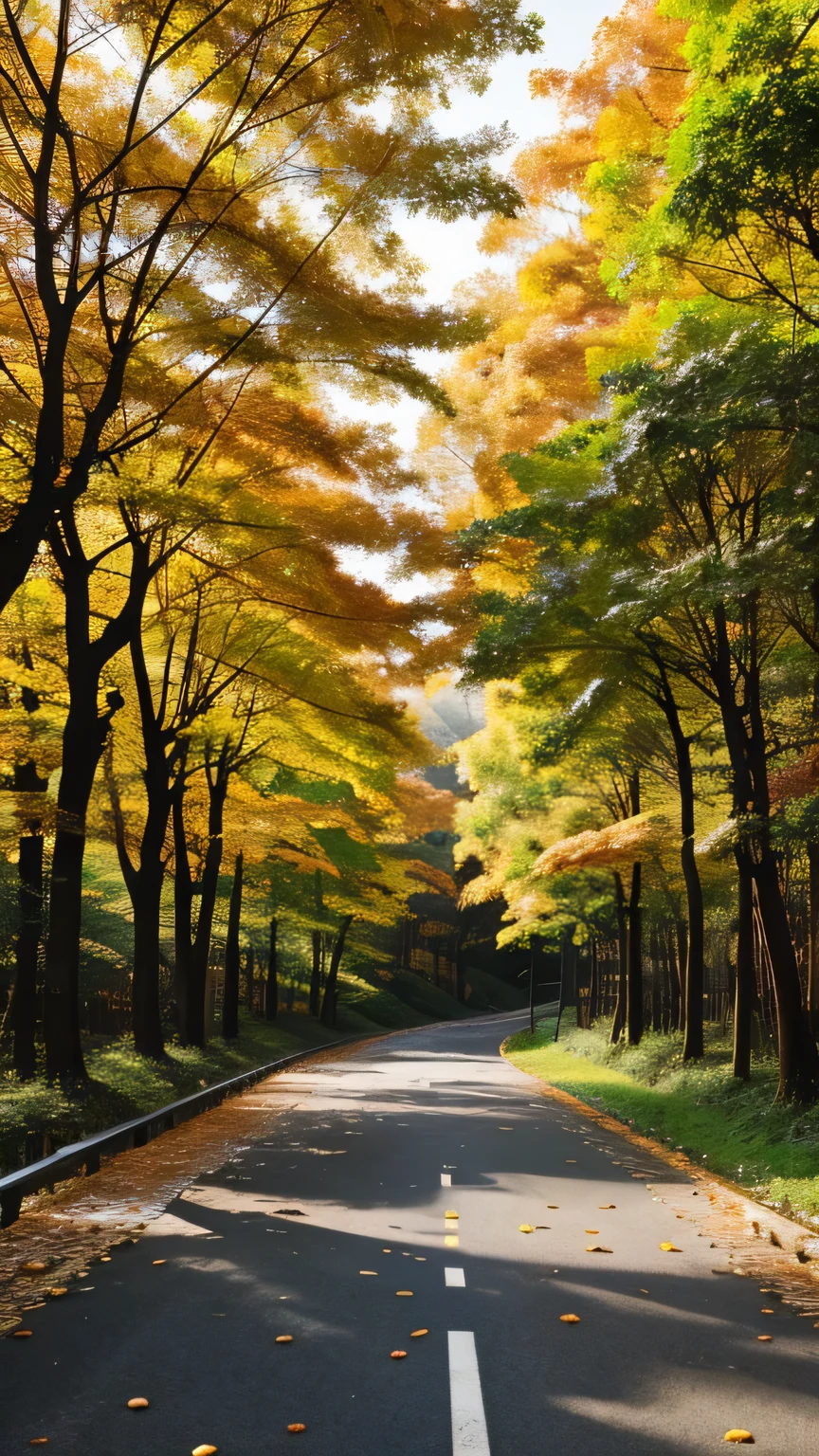 sunny,Baiyun,road,forest,fallen leaves,pedestrians,Beautiful scenery,