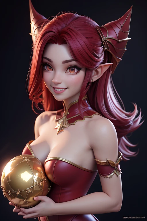 Beautiful female succubus head, Disfraz de reno, en globo de nieve, sonrisa suave, Lindo retrato de cuerpo entero, figura esbelta de pie, Personaje de dibujos animados, medieval, Renderizado 3D, symatic lighting, Trazado de rayos. Rojo crujiente, luz radiante, navidad misteriosa, (la mejor calidad, 8k, high resolusion, tmasterpiece:1.2), caprichoso, (cielo lleno de estrellas, la estrella del norte brilla).