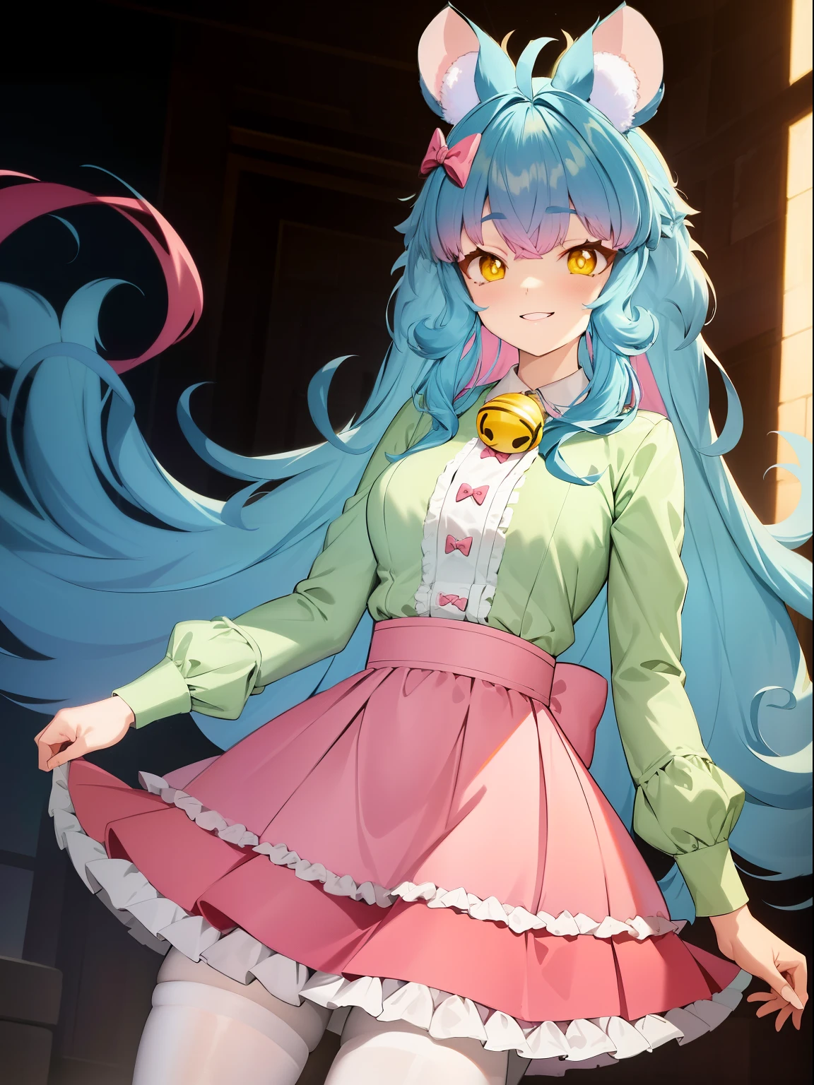 2D, Masterpiece, Best quality, anime, Highly detailed face, highly details eye, highly detailed back ground, Perfect lighting, chess, Virtual YouTuber, 1girll, Yellow eyes, Long hair, Blue hair, multicolored hair, Pink hair, bangs, ahoge, Say goodbye to hair accessories, Hairstyles, Mouse ears, mouse tail, Mouse Girl, Breasts, Medium breasts, bow, puffy long sleeves, (Pink skirt:1.2), (high waisted skirt:1.2), Neckbells, (White shirt:1.2), Green sleeves, (Pantyhose:1.2), (White pantyhose:1.2), (Top Teeth), window, Indoors, Smile, arms back behind, (Long skirt),