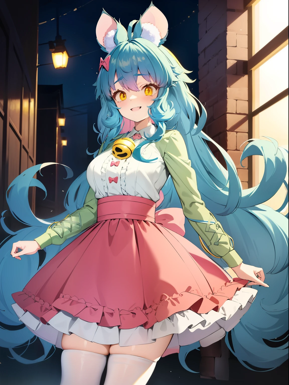 2D, Masterpiece, Best quality, anime, Highly detailed face, highly details eye, highly detailed back ground, Perfect lighting, chess, Virtual YouTuber, 1girll, Yellow eyes, Long hair, Blue hair, multicolored hair, Pink hair, bangs, ahoge, Say goodbye to hair accessories, Hairstyles, Mouse ears, mouse tail, Mouse Girl, Breasts, Medium breasts, bow, puffy long sleeves, (Pink skirt:1.2), (high waisted skirt:1.2), Neckbells, (White shirt:1.2), Green sleeves, (Pantyhose:1.2), (White pantyhose:1.2), (Top Teeth), window, Indoors, Smile, arms back behind, (Long skirt),