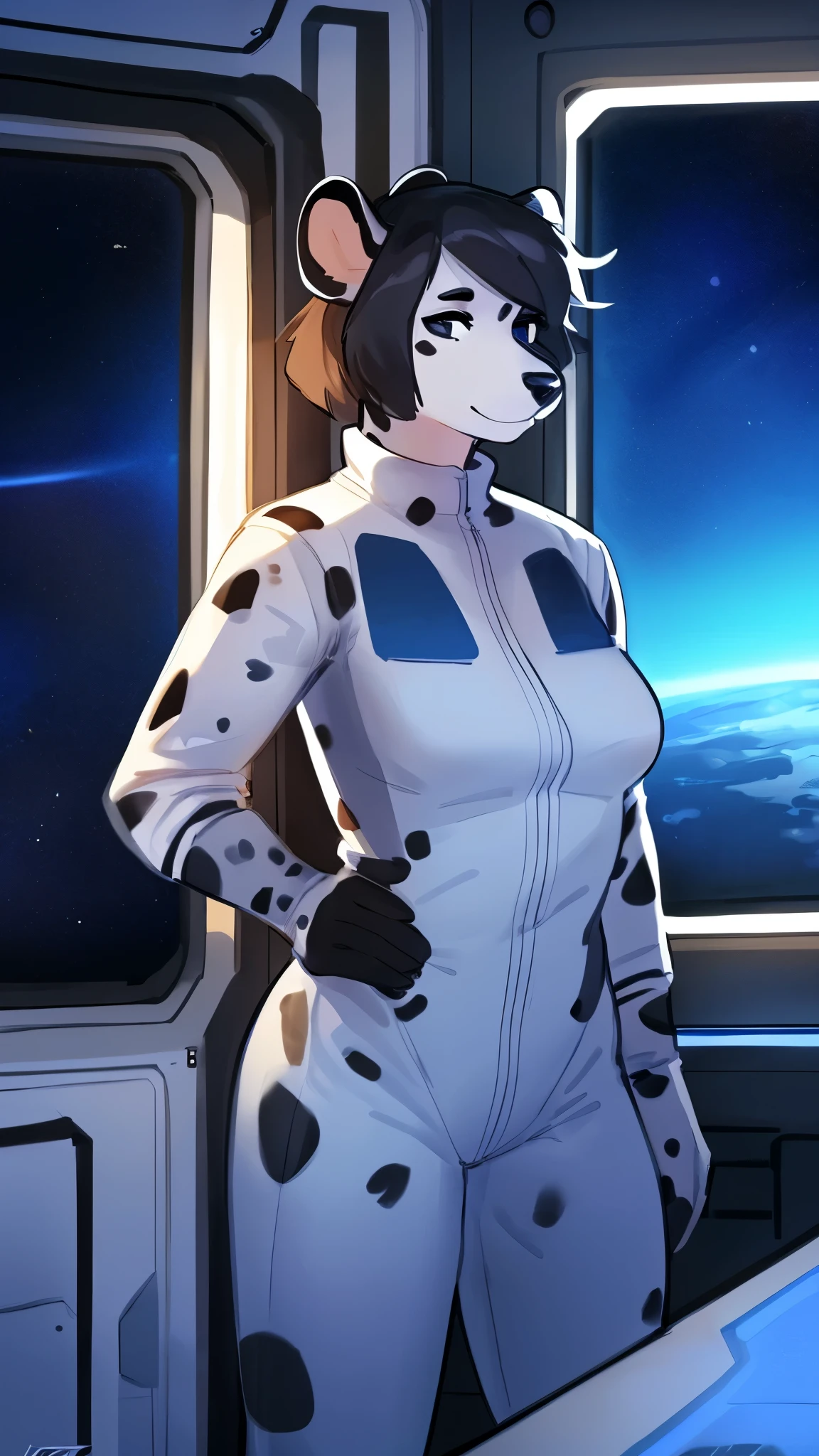 By bebebebebe, by lostgoose, by goonie-san, female, solo, canine, ((dalmation, snout, hair)), tight grey spacesuit, standing, spaceship, space, window