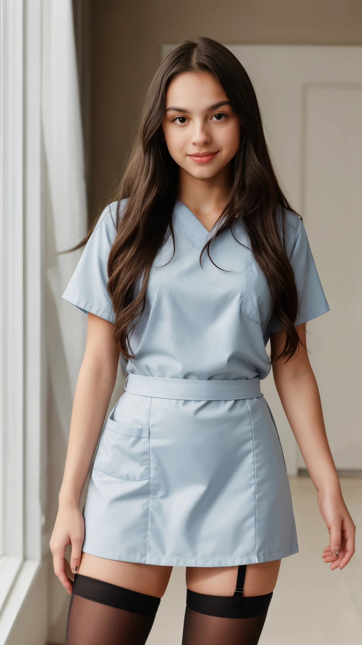 Olivia Rodrigo, 13 years old, long hair: 1.3, nurse uniform, tights, light skin, photorealistic