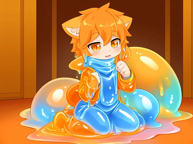 A male light orange cub，被slime覆盖，slime，light orange cuollars，被slime覆盖，fall（（充满银色slime）），kneeling，防护服