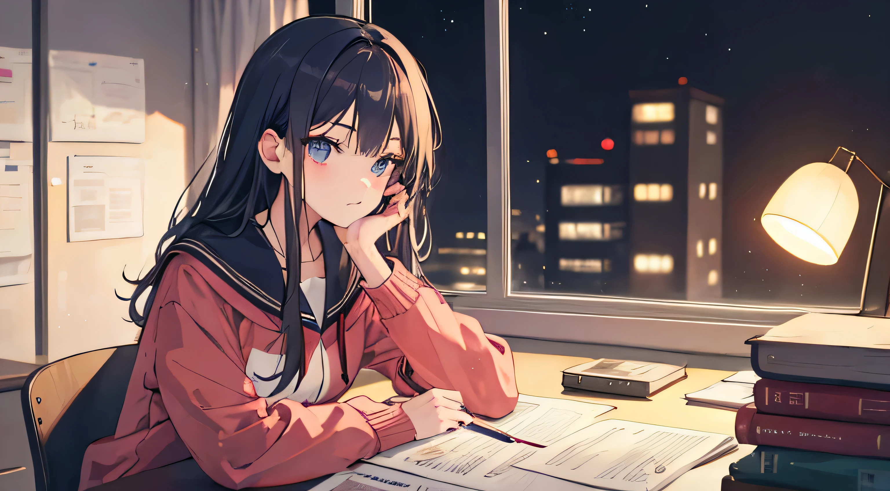 Girl Lofie is reading a book at her table.., anime, warm light, cozy, nighttime