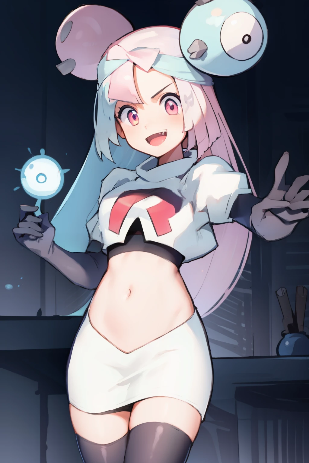 iono,1 girl,pink eyes,solo,smile,open mouth,fangs ,team rocket,team rocket uniform,white skirt,red letter R,crop top,black thigh-highs,black elbow gloves,