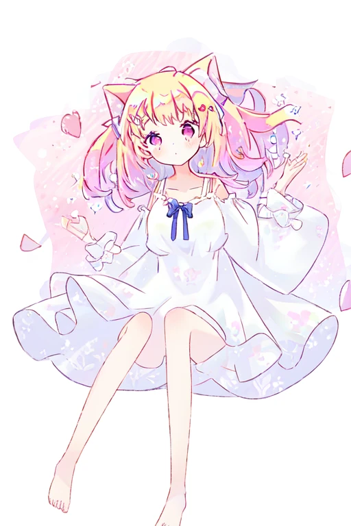1 girl,Cat ear,solo, hair accessories,Transparent white silk pajamas,Pink off-shoulder dress,barefoot,pink ribbon, open your clothes, neck strap, looking at the audience, long sleeves, The shirt is tucked in, hairpin, upper part of body, medium breasts, medium hair