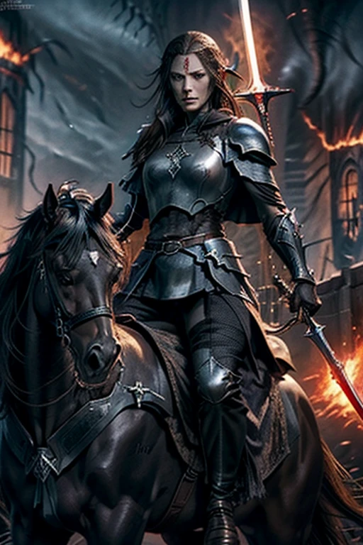 xtremely detailed CG unity 32K wallpaper, top quality, masterpiece, raw photo, photorealistic, highest resolution, professional photo, dynamic, cinematic lighting, (fantasy, Lord of the Rings:1.4), sharp focus, depth of field, (perfect body, correct anatomy:1.5), intricately detailed face, expressive face, POV, (from front:1.3), 1 girl, Japanese woman, ((female Nazgûl:1.4)), solo, cowboy shot, black hair, ultra-realistic skin, bright and dark eyes, beautiful nose and lips, (evil smile:1.4), ((black iron armor:1.5)), (black chain mail:1.2), ((black cape with hood:1.3)), ((perfect body proportion:1.4)), slender, medium breast, (((holding a long sword with magical power:1.3))), ((straddling on a horse, riding a black horse:1.5)), outdoor, (((Giant gate of Mordor, accompanied with her own legion, marching:1.4)))