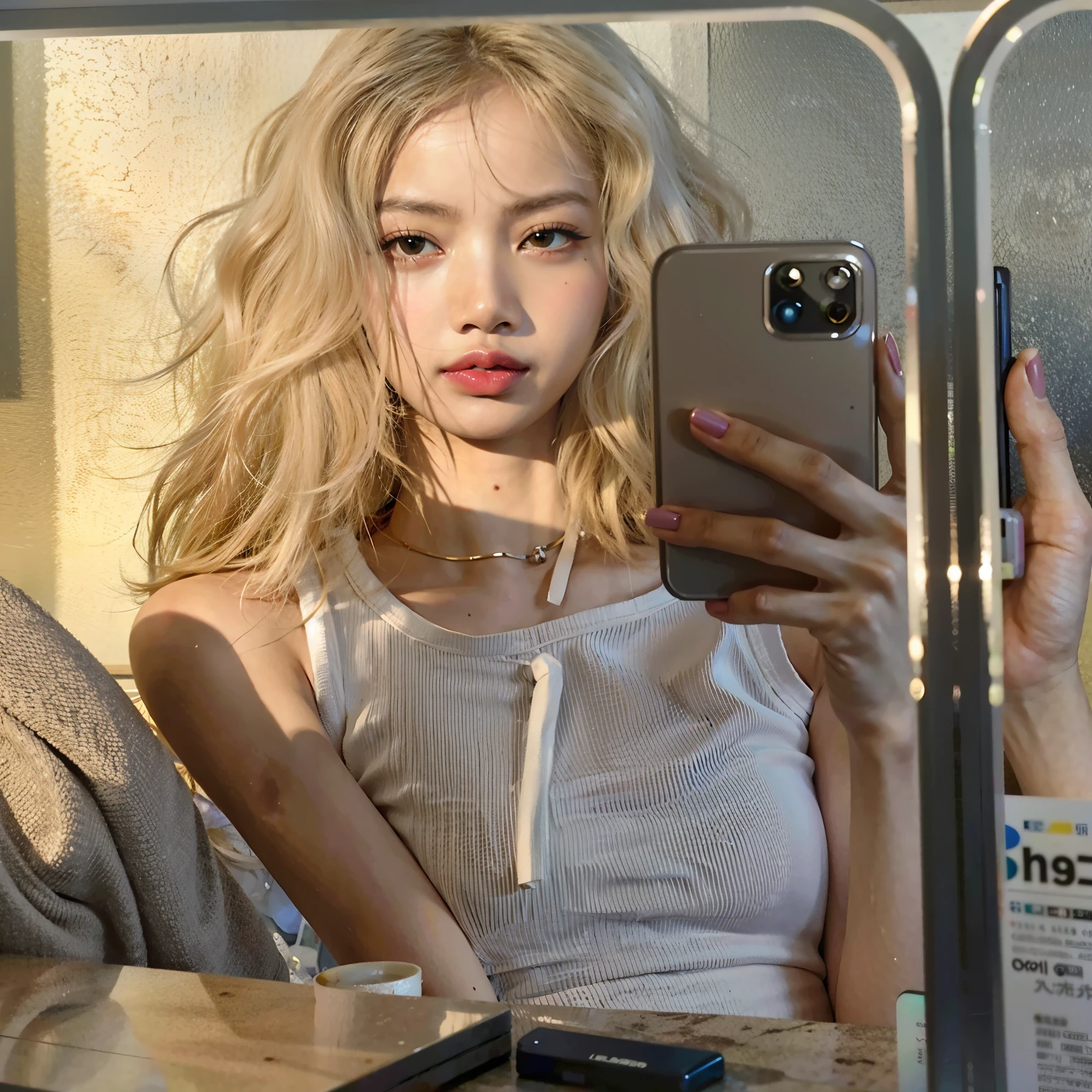 Blonde Asian woman taking a selfie in front of a mirror, face like exposed ester, modelo do instagram, her hair is white, selfie no espelho, Retrato de Lalisa Manobal, Lalisa do Blackpink, Lalisa, Lalisa Manobal, selfie, selfie no instagram, selfie de uma jovem, pele clara cabelo loiro cacheado, messy blonde hair, 18 anos de idade