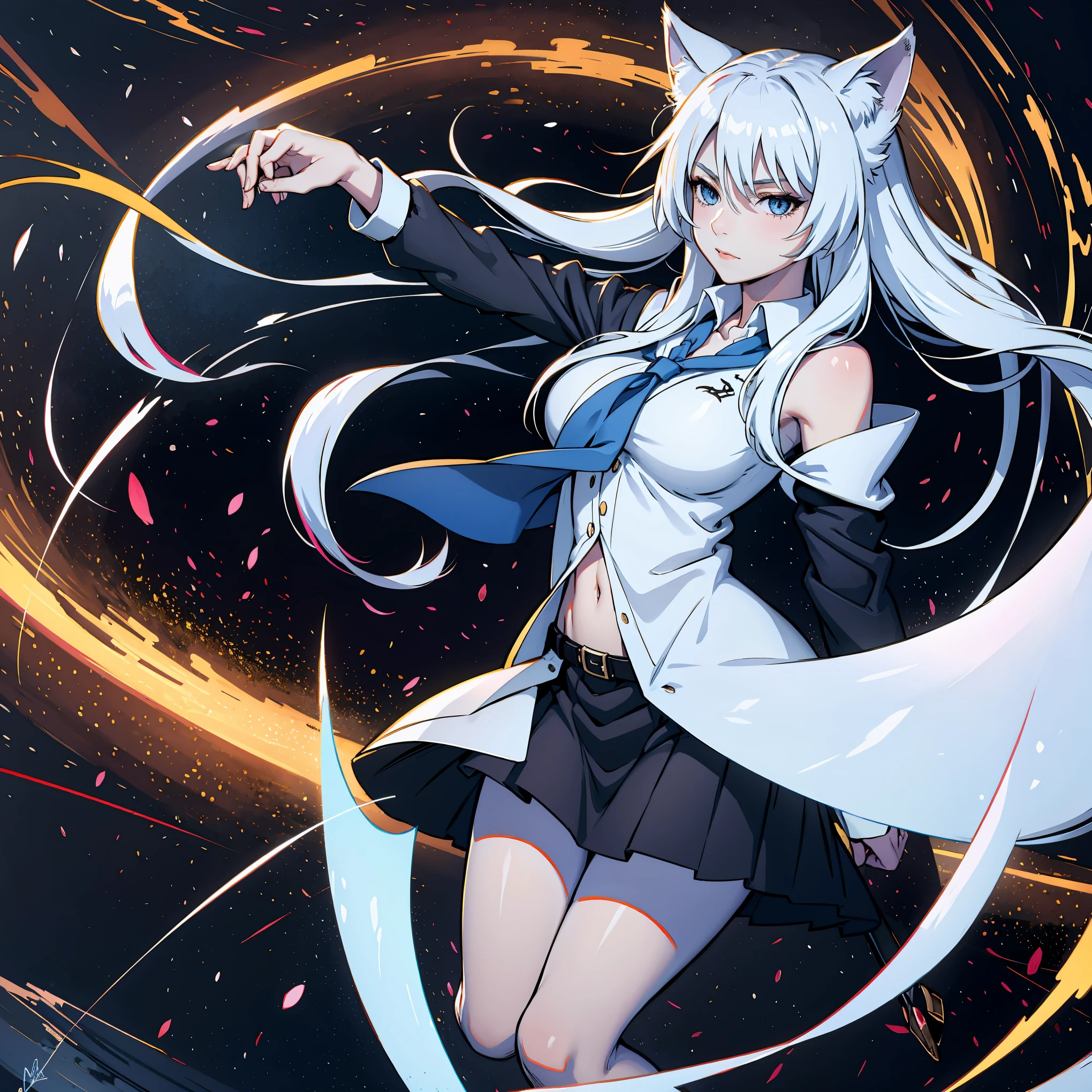 8k, resolution, high quality, high resolution, best quality, extremally detailed, best resolution, absurd resolution, ray tracing, high detailed, masterpiece, extremely detailed,shoulder length white hair, female,2 white wolf ears, teenage girl, slim body, white scale dragon tail,black boots,black leggings, navel blue school skirt, sailor shirt, white jacket, medium size chest, detailed blue eyes, detailed beautiful face,solo female,1 dragon tail, detailed eyes, tomboyish