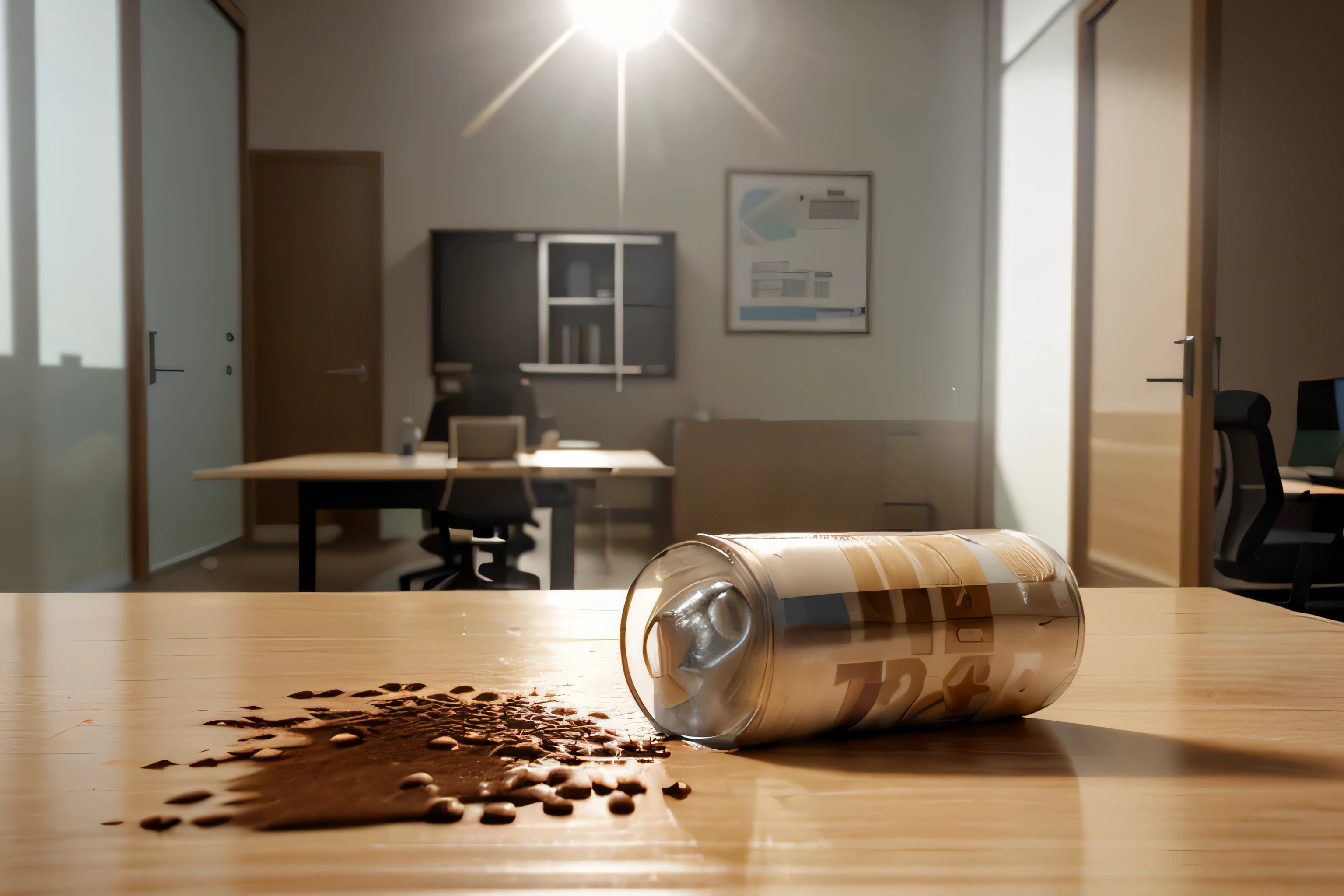 transparent plastic spilling can on a wooden table, huge spilled coffe on the table, inside a modern huge office, photorealistic, dinamic light