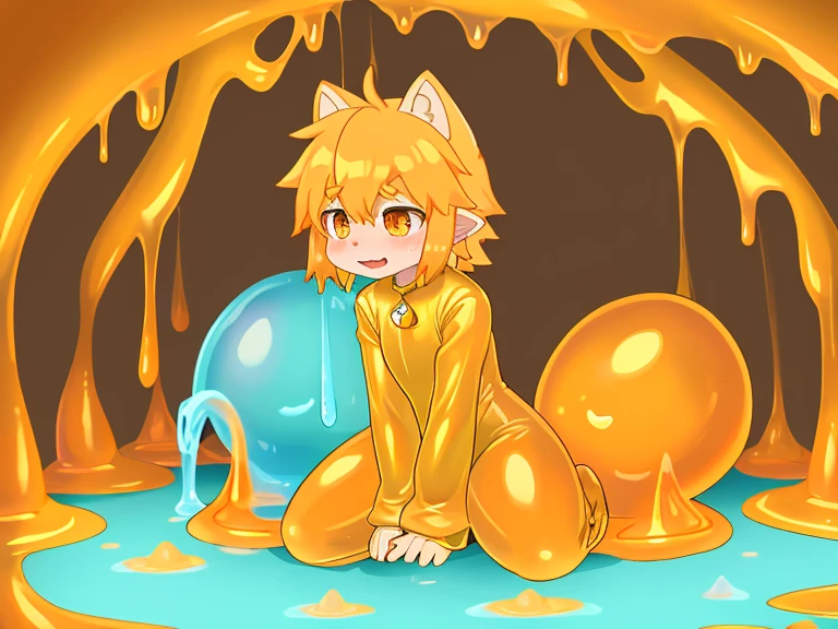 A male light orange cub,被slime覆盖,slime,light orange cuollars,被slime覆盖,fall((充满银色slime)),kneeling,防护服