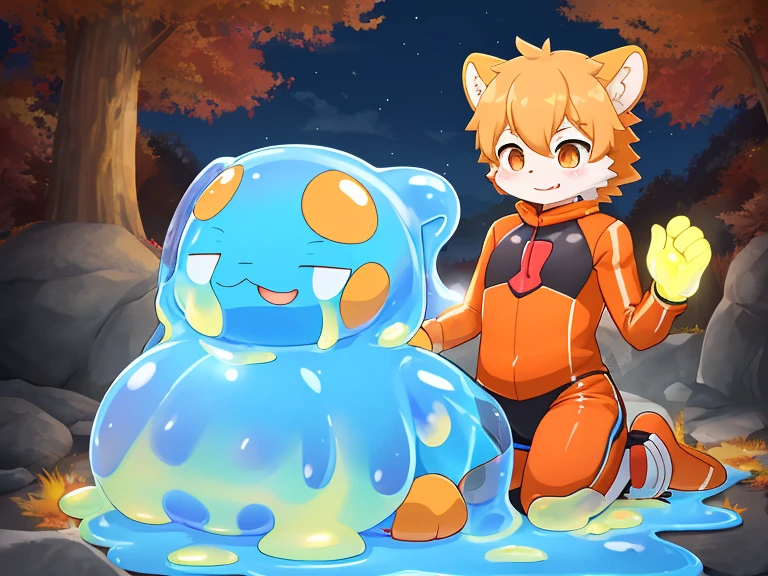 A male light orange cub，被slime覆盖，slime，light orange cuollars，被slime覆盖，fall（（充满银色slime）），kneeling，防护服