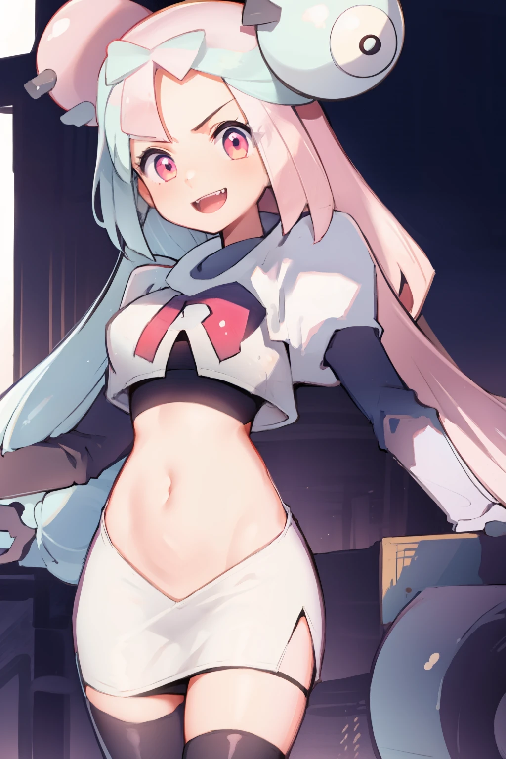iono,1 girl,pink eyes,solo,smile,open mouth,fangs ,team rocket,team rocket uniform,white skirt,red letter R,crop top,black thigh-highs,black elbow gloves,