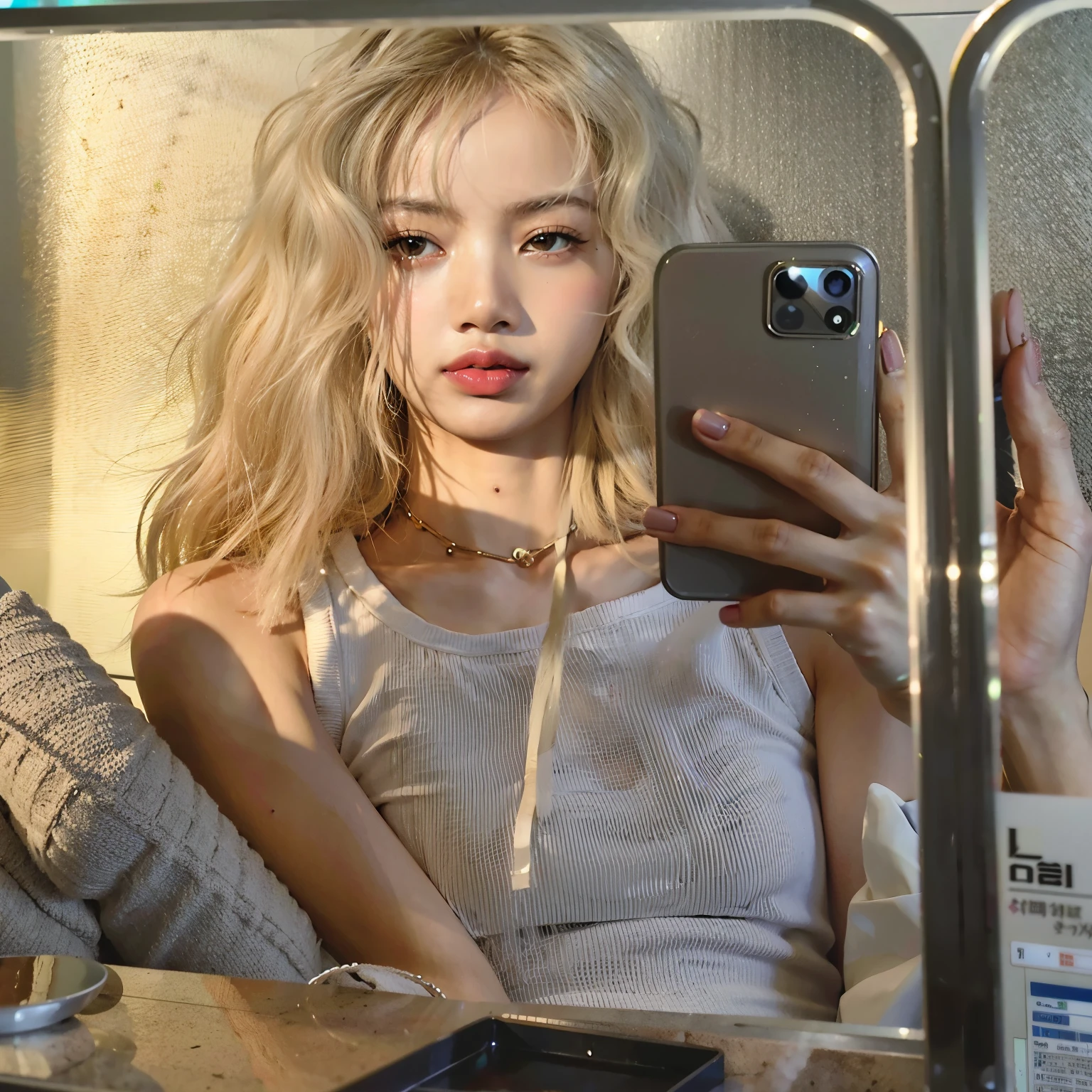 Blonde Asian woman taking a selfie in front of a mirror, face like exposed ester, modelo do instagram, her hair is white, selfie no espelho, Retrato de Lalisa Manobal, Lalisa do Blackpink, Lalisa, Lalisa Manobal, selfie, selfie no instagram, selfie de uma jovem, pele clara cabelo loiro cacheado, messy blonde hair, 18 anos de idade