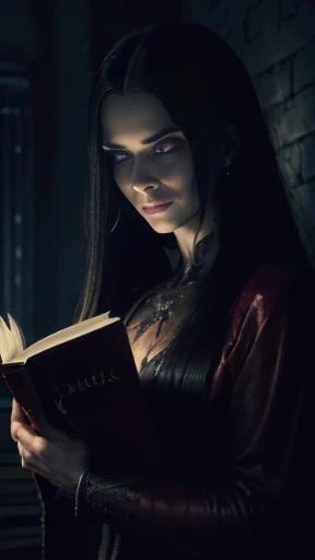 ((obra-prima)), ((melhor qualidade)), ((cinematic lighting): 1.0), ((medium close-up): 1.0)Uma bruxa, Cabelo branco, pale skin, olhos vermelhos, holding an open grimoire. ((Behind her, various demonic creatures look at the book, preparing to leave your hellish prison): 1.2), ((many demons around): 1.2)