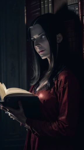 ((obra-prima)), ((melhor qualidade)), ((cinematic lighting): 1.0), ((medium close-up): 1.0)Uma bruxa, Cabelo branco, pale skin, olhos vermelhos, holding an open grimoire. ((Behind her, various demonic creatures look at the book, preparing to leave your hellish prison): 1.2), ((many demons around): 1.2)