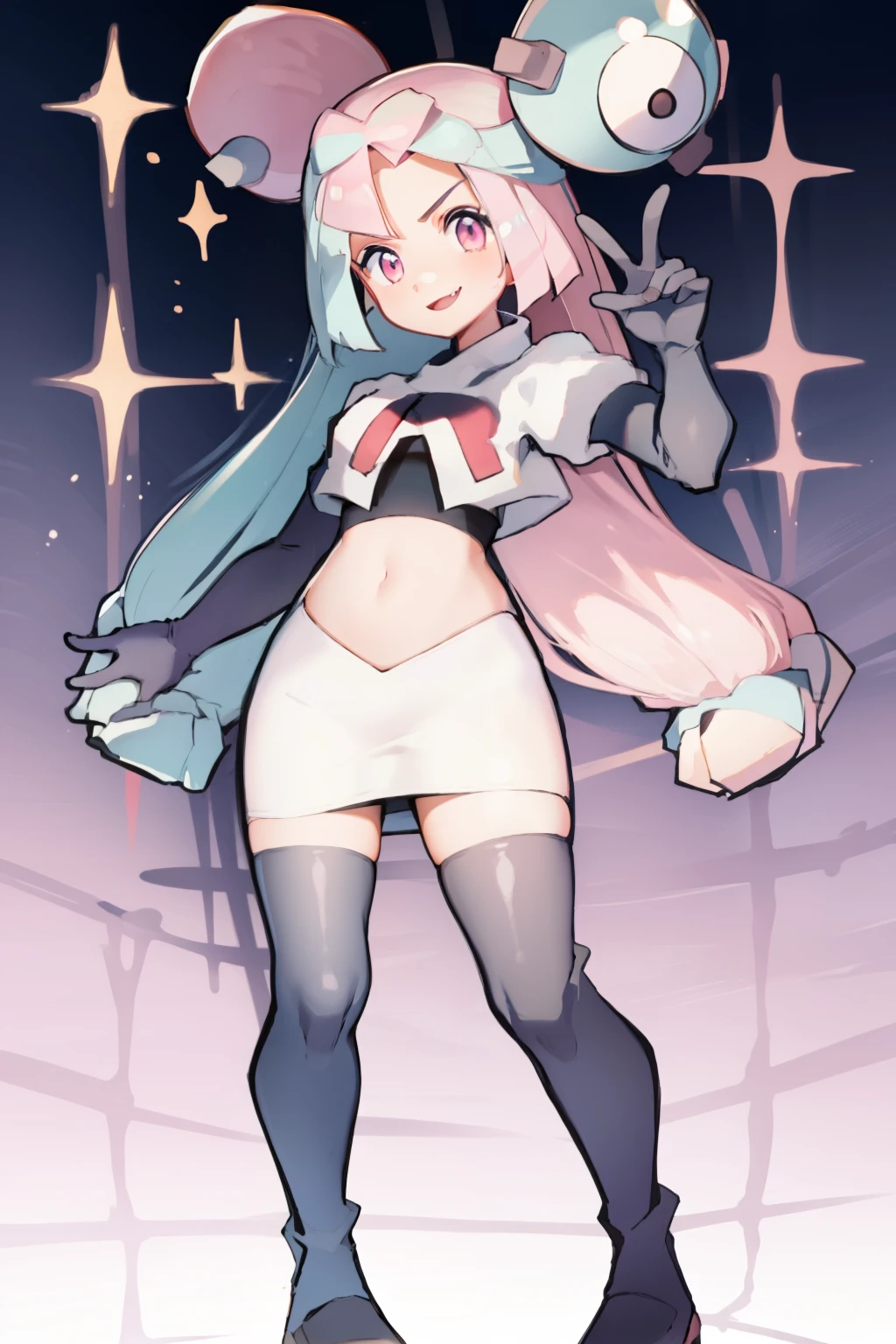 iono,1 girl,pink eyes,solo,smile,open mouth,fangs ,team rocket,team rocket uniform,white skirt,red letter R,crop top,black thigh-highs,black elbow gloves,