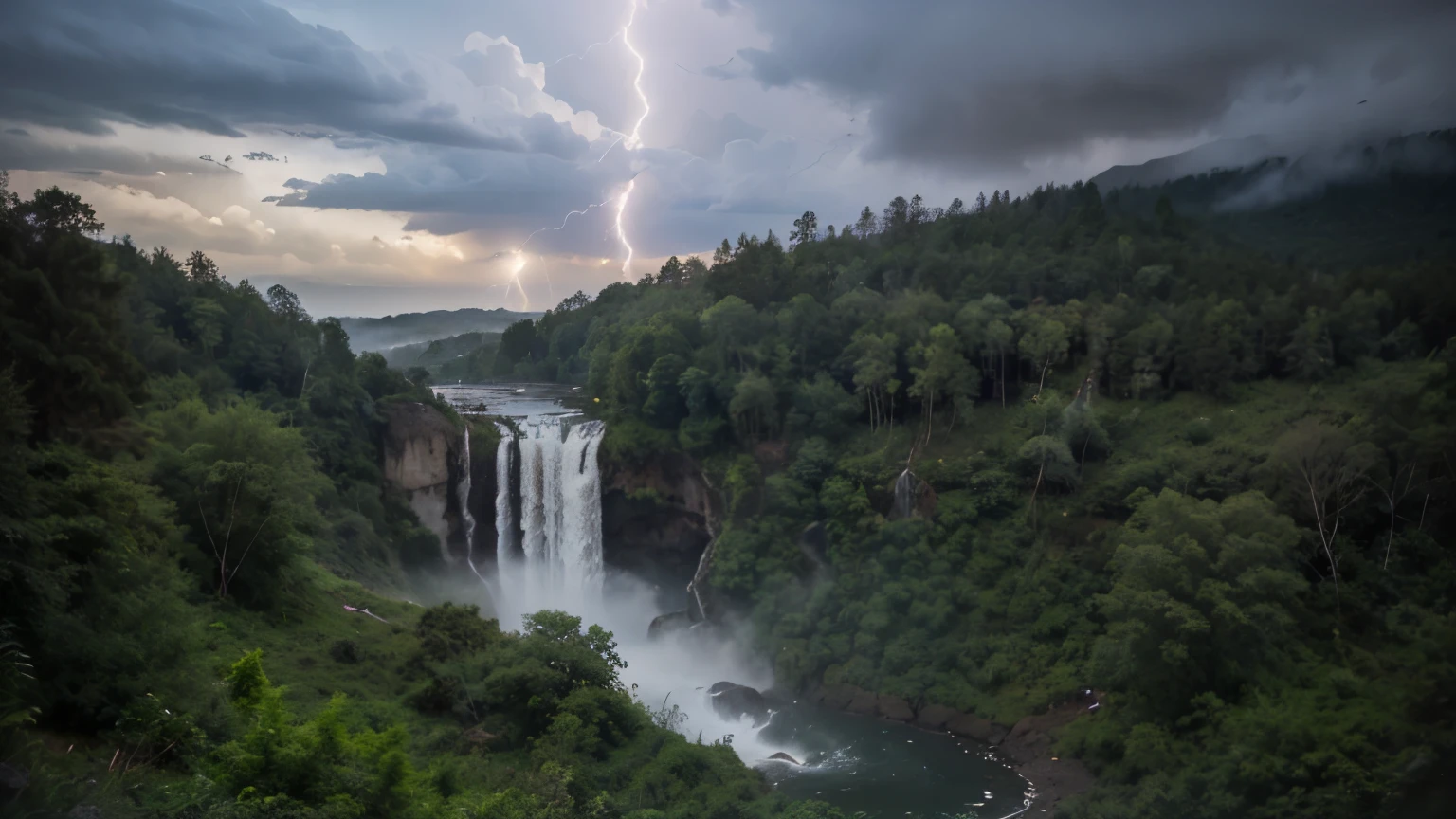 a big waterfall and heavy rain in the forest with fog, Overcast sky with lightning and thunder 