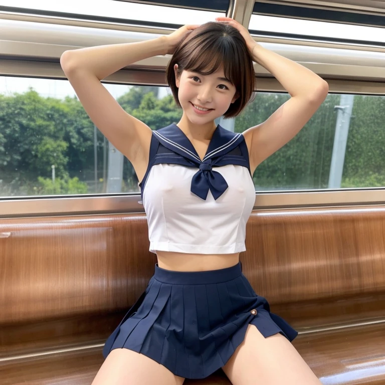 Beautiful woman wearing a sleeveless sailor suit。smile。short hair。big breasts。Show me your armpit hair。Lots of axillary hair。spread your legs、Show me your crotch。have a lot of pubic hair。There is a lot of pubic hair。large thighs。on the train。