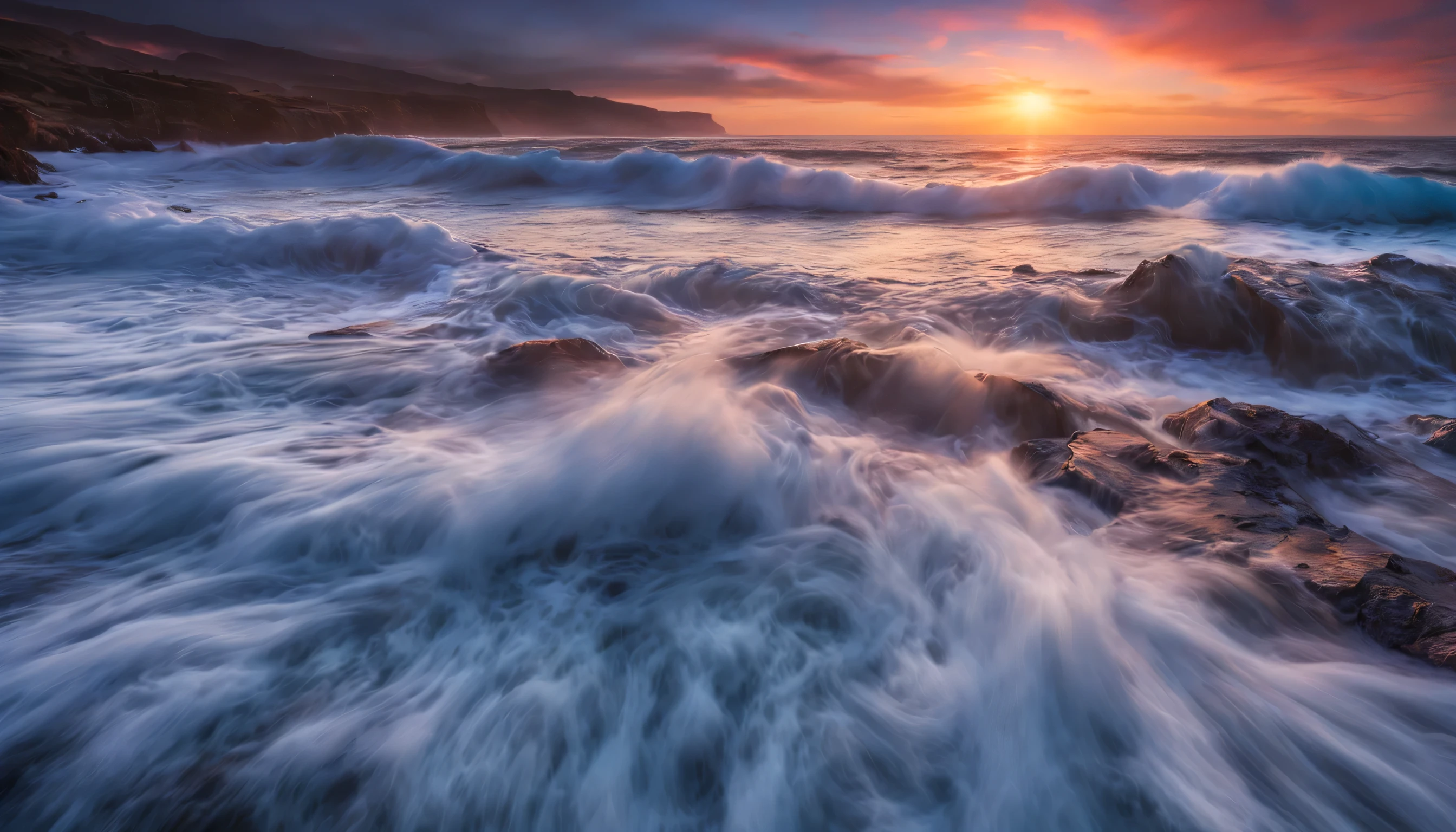 arafed view of a dawn over the blue ocean with waves crashing, chaotic sea setting, breathtaking colors, breathtaking look, breathtaking composition, beautiful sea landscapes, stunning dawn, magnificent background, dawn glow, beautiful background, beautiful dreamy breathtaking, marc adamus, warm beautiful scene, epic dawn, beautiful dawn, beautiful dawn glow, beautiful blue ocean