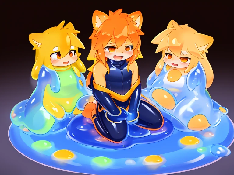 A male light orange cub，被slime覆盖，slime，light orange cuollars，被slime覆盖，fall（（充满银色slime）），kneeling，防护服