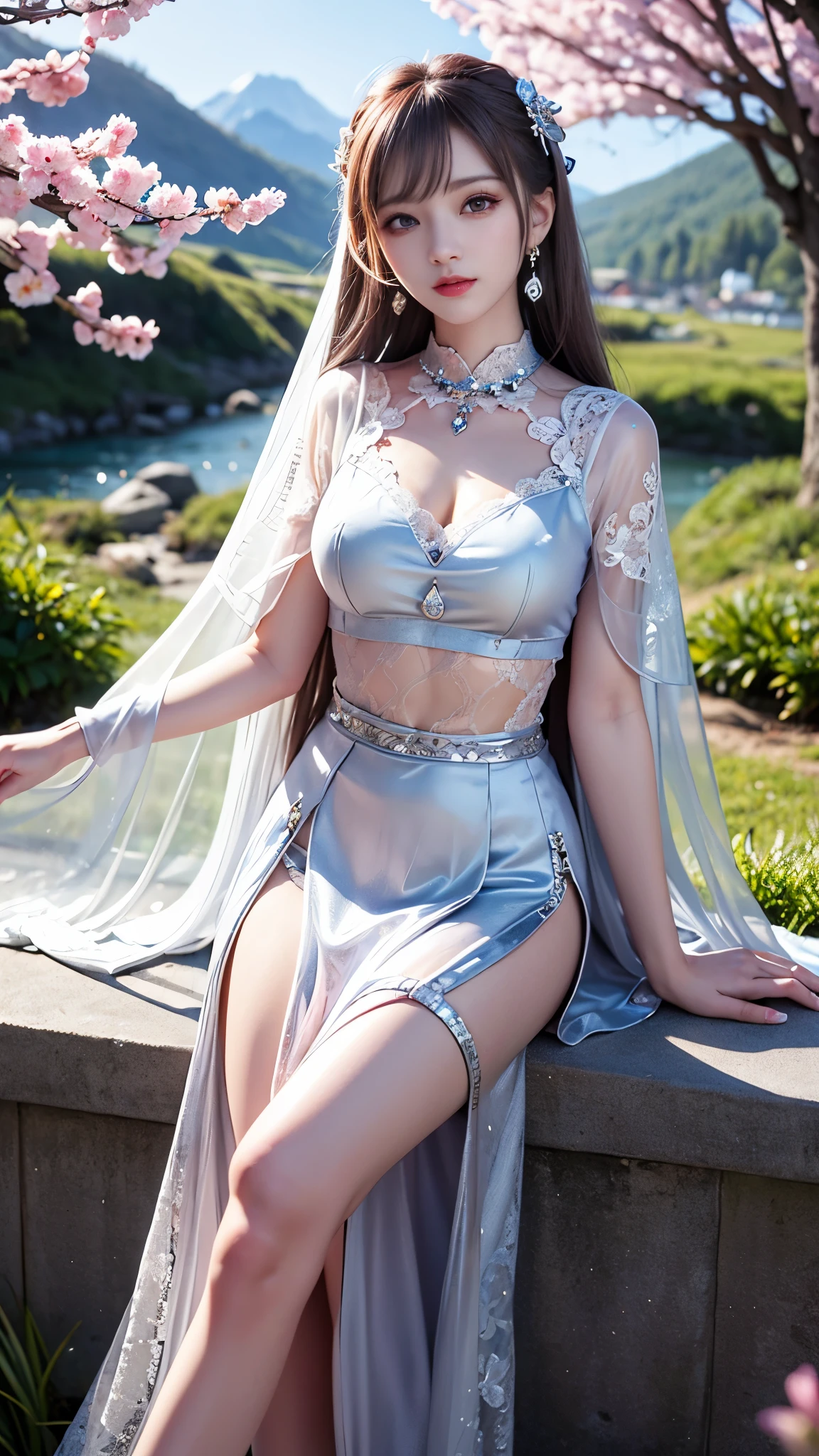 8K, ultra hd, masterpiece, 1 girl, very long hair, detailed eyes, glossy lips, ((silver clothes)), (translucent silver lace:1.5), skirt, (jewellery:1.5), ray tracing, ((mountain)), river, morning, cherry blossom leaf falling, sitting, 