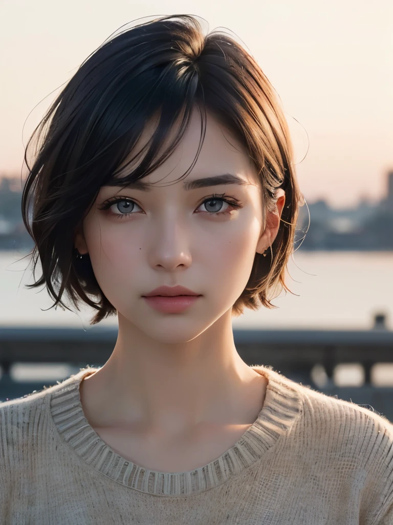 (Representative works:1.3), (8K, photorealistic, RAW photo, Highest image quality: 1.4), (1girl), beautiful face, (realistic face), (black hair, short hair:1.3), beautiful hairstyle, realistic eyes, beautiful detailed eyes, (realistic skin), beautiful skin, (sweater), disorganized, Charm, ultra high resolution, Super realistic, High definition, golden ratio
