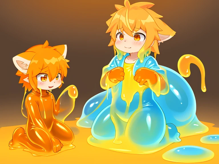 A male light orange cub，被slime覆盖，slime，light orange cuollars，被slime覆盖，fall（（充满银色slime）），kneeling，纸尿裤