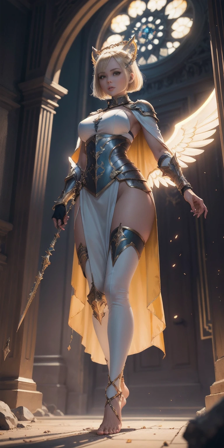 low angle, from below, paladin templar lady in white tabard, legwear, glowing yellow eyes, collar, golden chainmail, wide hips, barefoot, angel wings, pauldrons, halo, bob cut, blonde, eye focus, red cape, temple indoors, decorations, stained glass windows, night, particles, chromatic aberration, detailed, cinematic, dark scene, fantasy