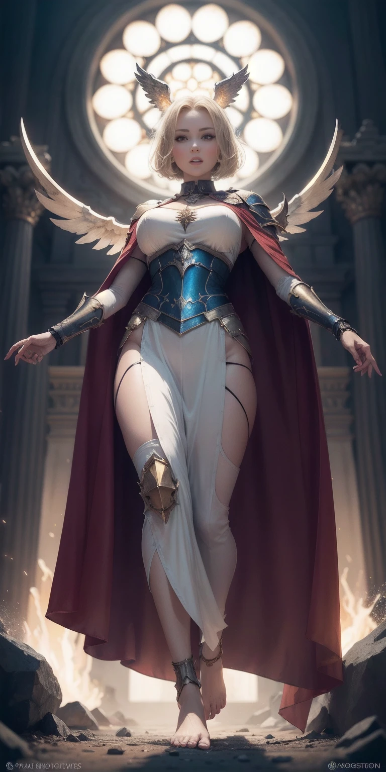 Girl (((From face to the waist view::1. 4))), realistic skin texture, in complex & hyper detailed white & golden valkyrie costume and armor with cape (((light glow effect))) holding a fencing sword and a guidon flag, dinamic panning photography move::1, midnight hour illuminationr, (masterpiece), best quality, perfect pretty face, 8k