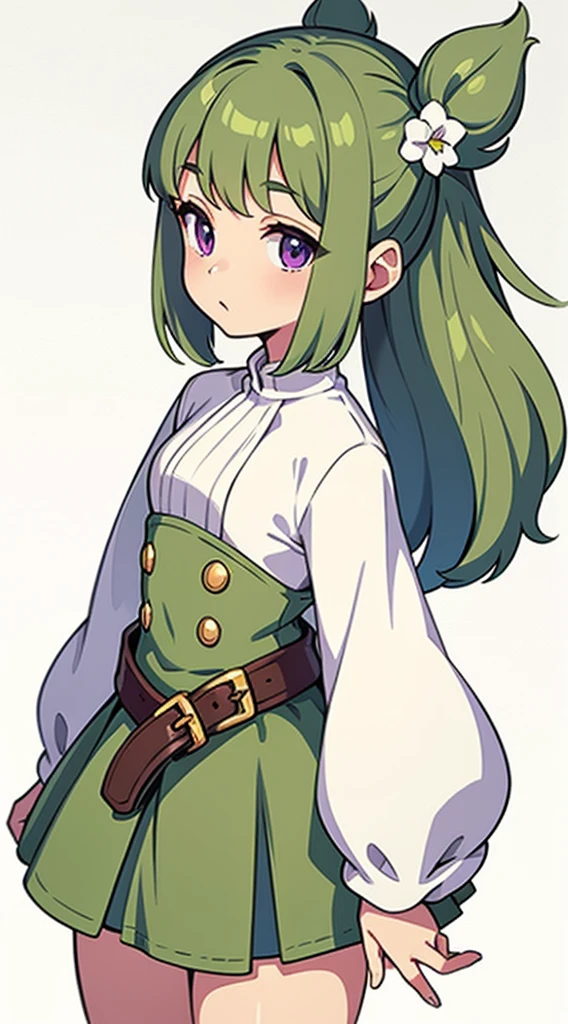 solo female, (((blurry background, white background))), character focus, fantasy clothes, standing, character design, shopkeeper, 
green/brown/violet outfit,