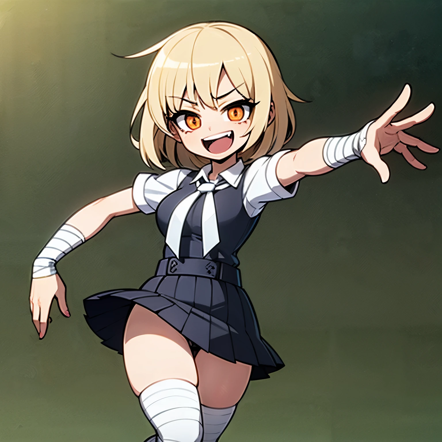 Anime image of a girl with short brown hair, very tanned skin, she is wearing a very tight schoolgirl uniform and her arms are wrapped in bandages. She is laughing sadistically.