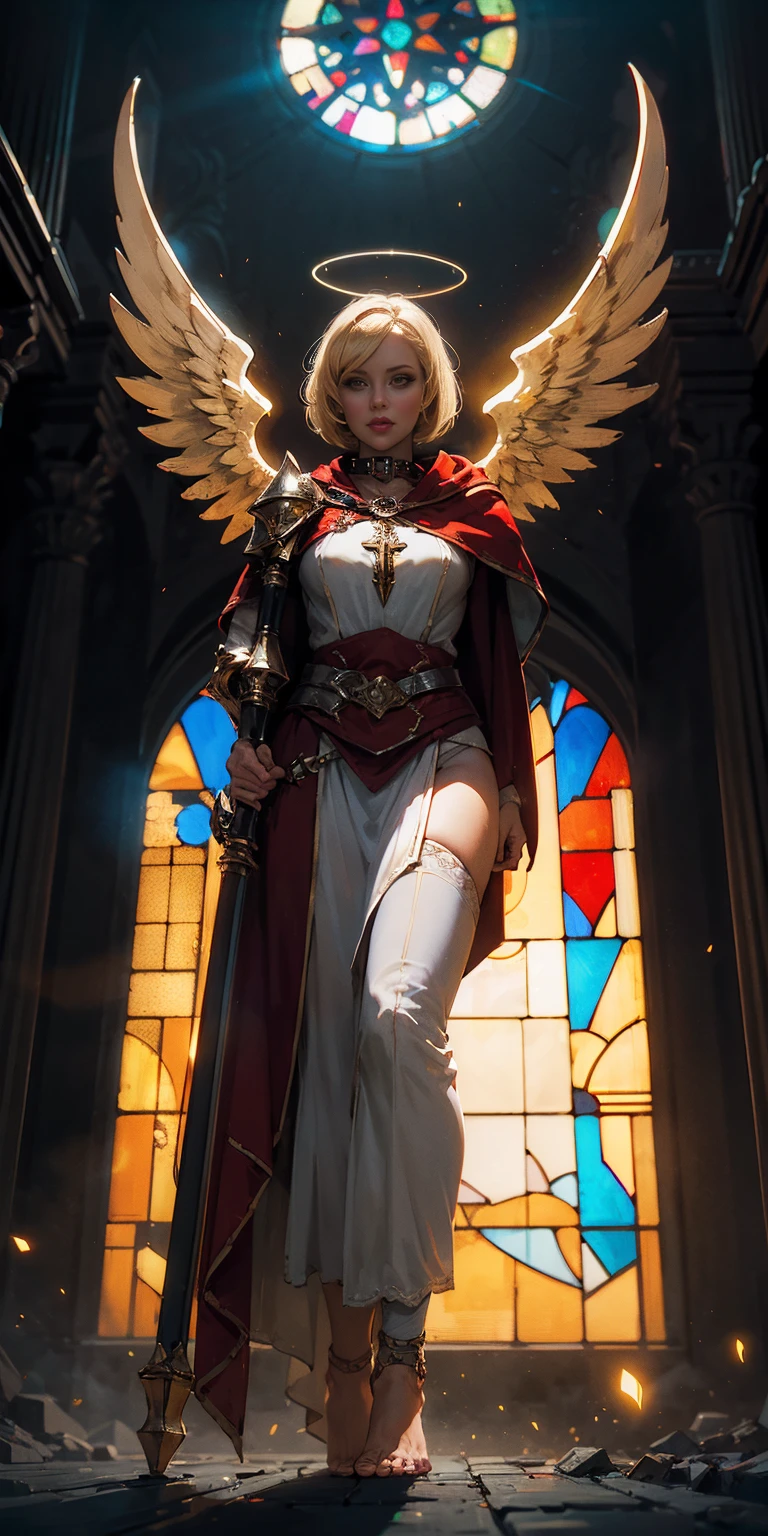 low angle, from below, paladin templar lady in white tabard, legwear, glowing yellow eyes, collar, golden chainmail, wide hips, barefoot, angel wings, pauldrons, halo, bob cut, blonde, eye focus, red cape, temple indoors, decorations, stained glass windows, night, particles, chromatic aberration, detailed, cinematic, dark scene, fantasy