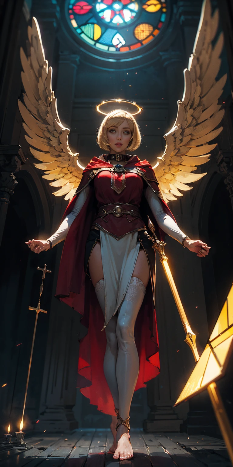 low angle, from below, paladin templar lady in white tabard, legwear, glowing yellow eyes, collar, golden chainmail, wide hips, barefoot, angel wings, pauldrons, halo, bob cut, blonde, eye focus, red cape, temple indoors, decorations, stained glass windows, night, particles, chromatic aberration, detailed, cinematic, dark scene, fantasy