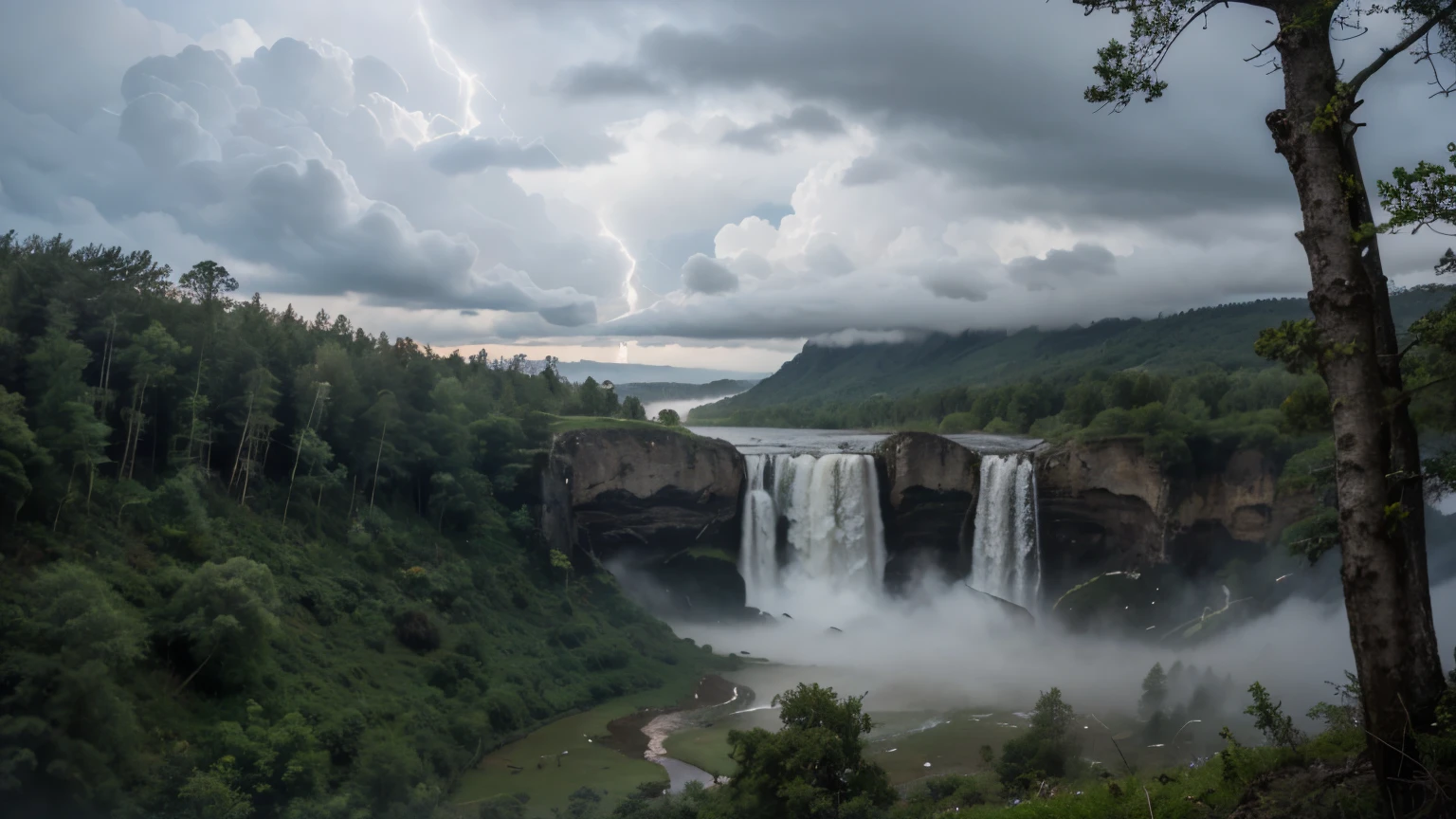 a big waterfall and heavy rain in the forest with fog, Overcast sky with lightning and thunder