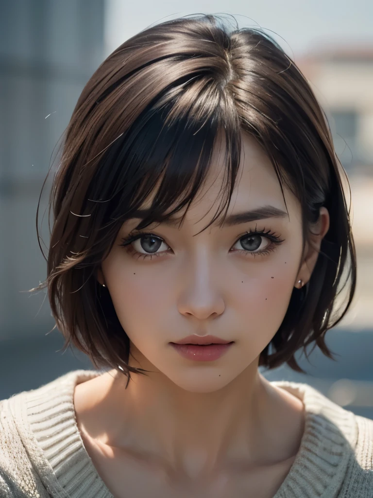 (Representative Works: 1.3), (8k, photorealistic, raw photos, Highest image quality: 1.4), (30 years old mature woman),small face, beautiful face, (realistic face),no makeup、natural makeup、light makeup、 (Dark brown, short hair: 1.3), beautiful hairstyle, realistic eyes, beautiful detailed eyes, (Photorealistic skin), beautiful skin, (sweater),small chest、Bust B Cup、 disorganized, Charm, 超High definition, Super realistic, High definition, golden ratio, FF Tifa、Gray background、
