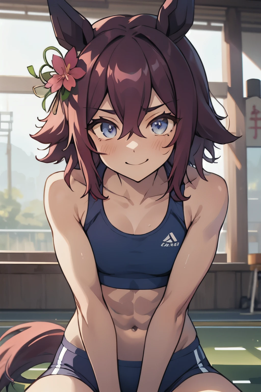 sakura chiyono o\(umamusume\), ((ultra-detailed face)), masterpiece, best quality, symmetrical face, beautiful face, slender, muscular, abs, sports bra, horse tail, smile, athletics track, hand between legs