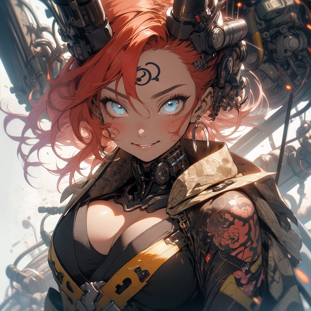 (((highest quality))),(((detailed eyes))),(((32k))),(1 girl),Red hair,(tattoo),(cyber punk),kimono,((Luxurious and gorgeous)),Shiny skin,earrings,flashy,((Super beautiful woman)),(perfect face),Japanese sword,ultimate texture,official art,Ukiyo-e,stylish,photograph,perfect body,smile,Bewitching,Highest image quality,distinct,real,fantasy,(Near the future),ninja,((perfect eyes)),big breasts,((cleavage)),highlight,挑発的なsmile,stick out tongue,split tongue,((mechanical)),inflammation,steampunk,