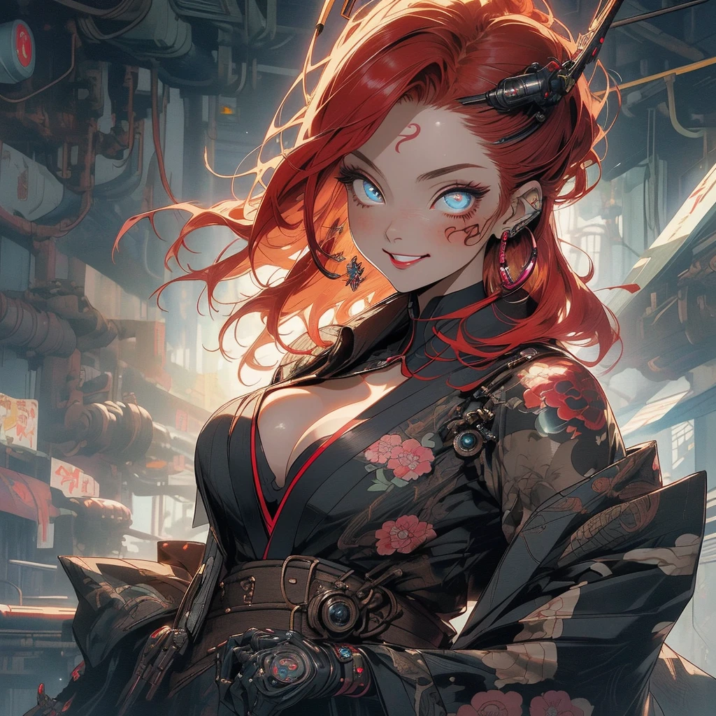 (((highest quality))),(((detailed eyes))),(((32k))),(1 girl),Red hair,(tattoo),(cyber punk),kimono,((Luxurious and gorgeous)),Shiny skin,earrings,flashy,((Super beautiful woman)),(perfect face),Japanese sword,ultimate texture,official art,Ukiyo-e,stylish,photograph,perfect body,smile,Bewitching,Highest image quality,distinct,real,fantasy,(Near the future),ninja,((perfect eyes)),big breasts,((cleavage)),highlight,挑発的なsmile,stick out tongue,split tongue,((mechanical)),inflammation,steampunk,