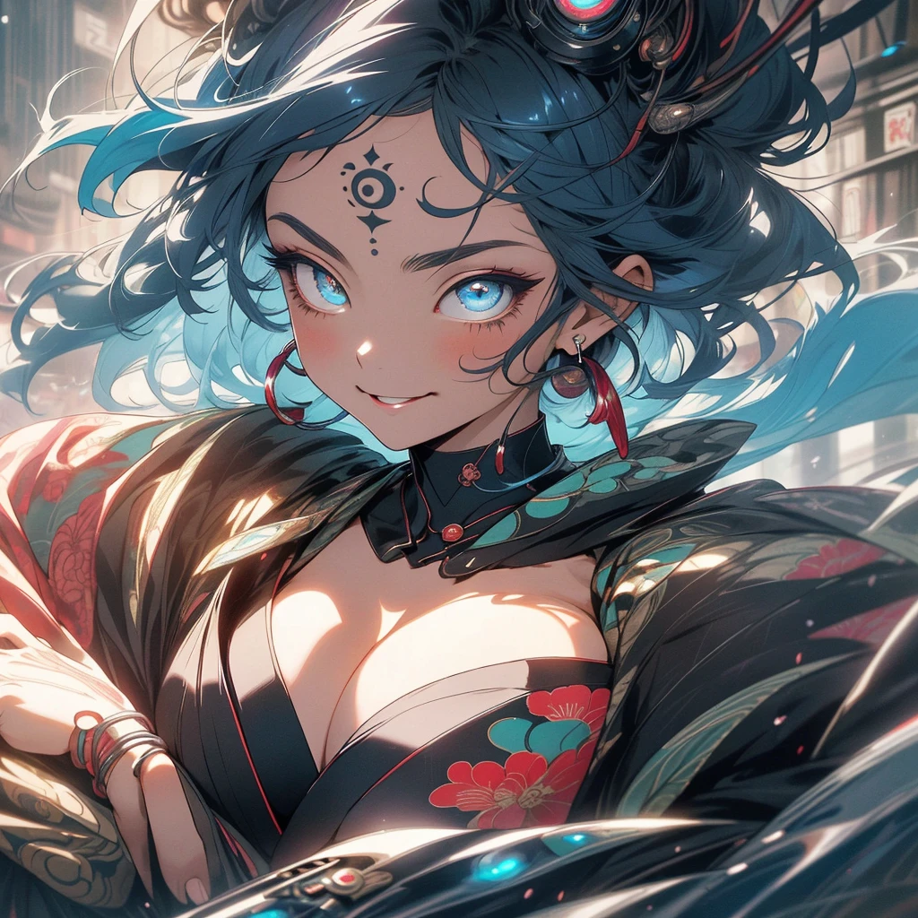 (((highest quality))),(((detailed eyes))),(((32k))),(1 girl),flashyな色の髪,(tattoo),(cyber punk),kimono,((Luxurious and gorgeous)),Shiny skin,earrings,flashy,((Super beautiful woman)),(perfect face),Japanese sword,ultimate texture,official art,Ukiyo-e,stylish,photograph,perfect body,smile,Bewitching,Highest image quality,Super clear,real,fantasy,(Near the future),ninja,((perfect eyes)),big breasts,((cleavage)),highlight,挑発的なsmile,stick out tongue,split tongue,((mechanical)),mandala,Pouring rain,Majestic,apotheosis,