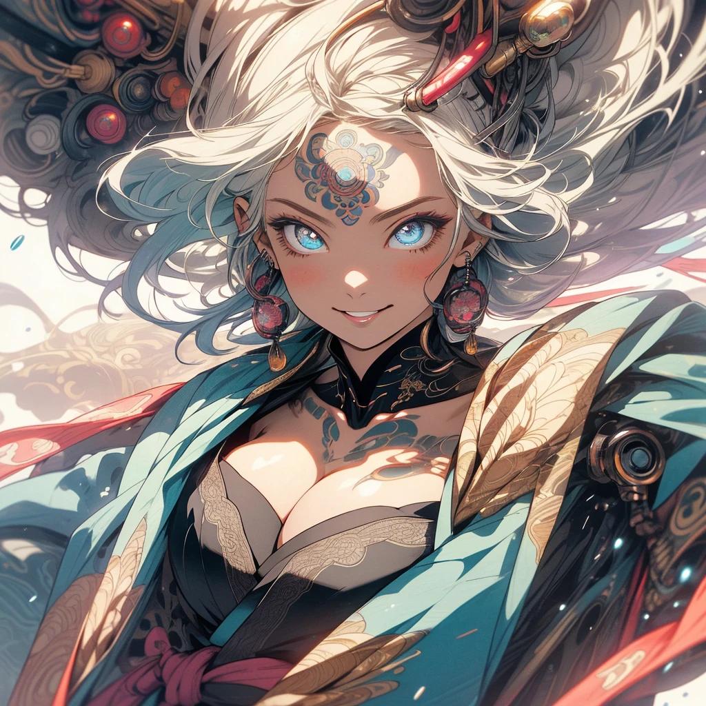 (((highest quality))),(((detailed eyes))),(((32k))),(1 girl),flashyな色の髪,(tattoo),(cyber punk),kimono,((Luxurious and gorgeous)),Shiny skin,earrings,flashy,((Super beautiful woman)),(perfect face),Japanese sword,ultimate texture,official art,Ukiyo-e,stylish,photograph,perfect body,smile,Bewitching,Highest image quality,Super clear,real,fantasy,(Near the future),ninja,((perfect eyes)),big breasts,((cleavage)),highlight,挑発的なsmile,stick out tongue,split tongue,((mechanical)),mandala,Pouring rain,Majestic,apotheosis,