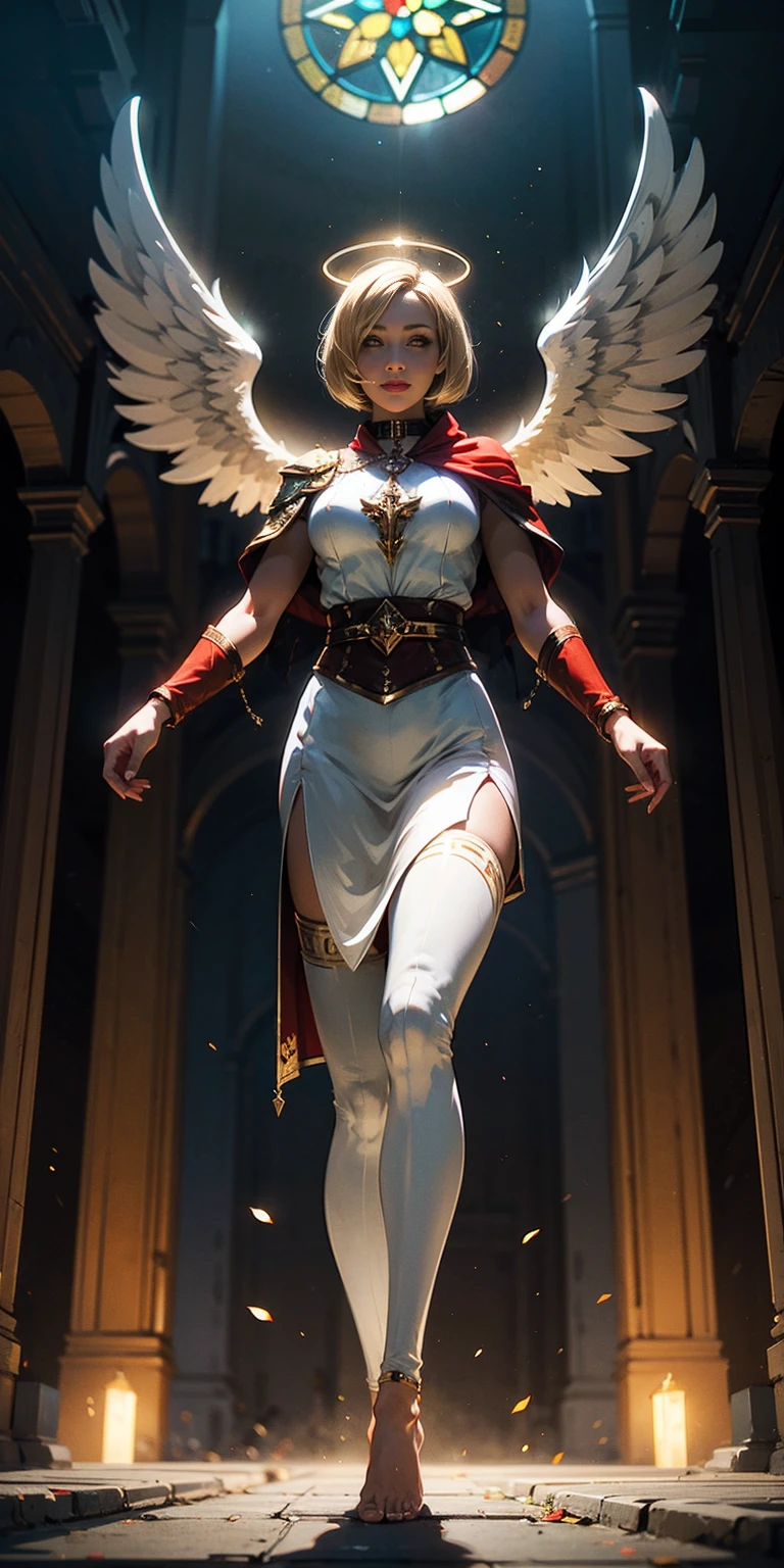 low angle, from below, paladin templar lady in white tabard, legwear, glowing yellow eyes, collar, golden chainmail, wide hips, barefoot, angel wings, pauldrons, halo, bob cut, blonde, eye focus, red cape, temple indoors, decorations, stained glass windows, night, particles, chromatic aberration, detailed, cinematic, dark scene, fantasy
