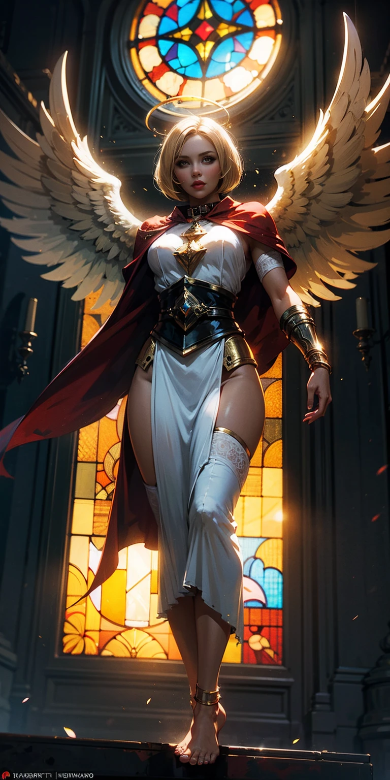 low angle, from below, paladin templar lady in white tabard, legwear, glowing yellow eyes, collar, golden chainmail, wide hips, barefoot, angel wings, pauldrons, halo, bob cut, blonde, eye focus, red cape, temple indoors, decorations, stained glass windows, night, particles, chromatic aberration, detailed, cinematic, dark scene, fantasy
