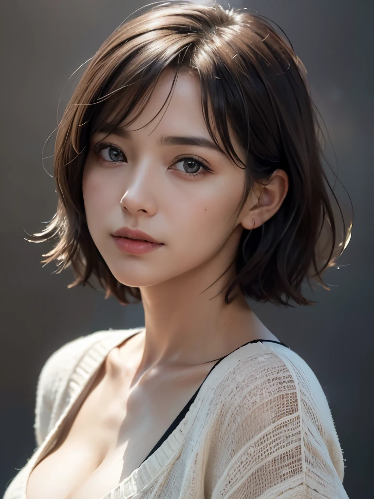 (Representative Works: 1.3), (8k, photorealistic, raw photos, Highest image quality: 1.4), (30 years old mature woman),small face, beautiful face, (realistic face),no makeup、natural makeup、light makeup、 (Dark brown, short hair: 1.3), beautiful hairstyle, realistic eyes, beautiful detailed eyes, (Photorealistic skin), beautiful skin, (sweater),small chest、Bust B Cup、 disorganized, Charm, 超High definition, Super realistic, High definition, golden ratio, FF Tifa、Gray background、
