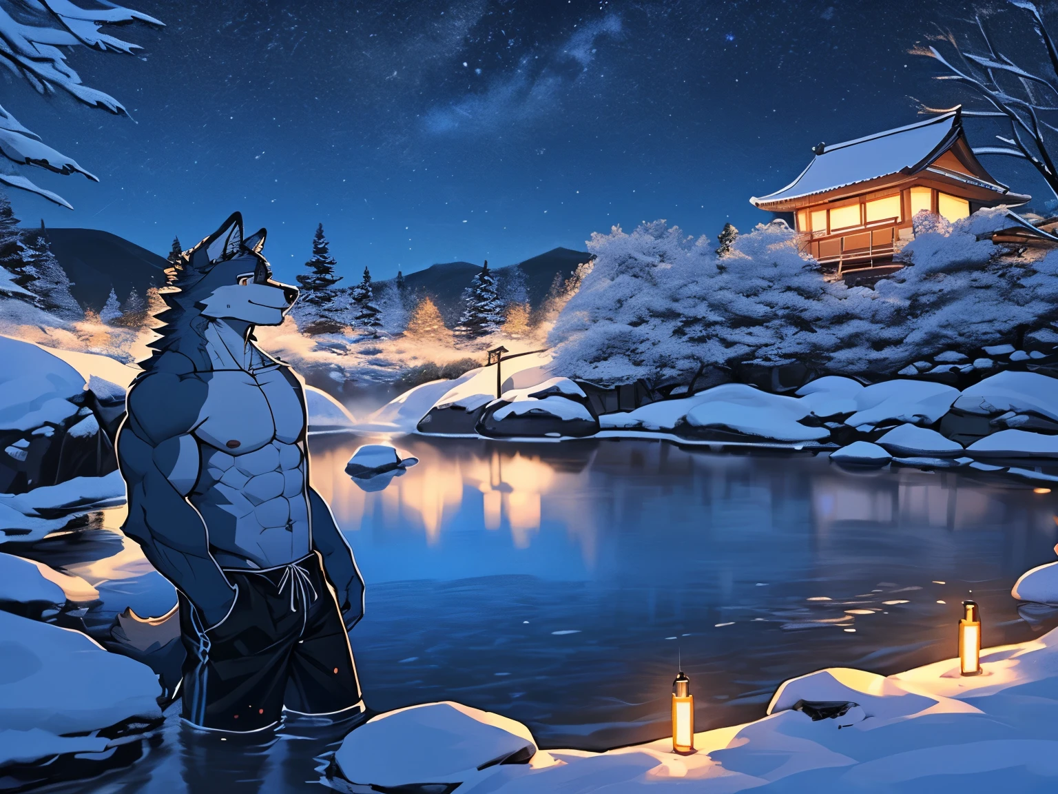 alone, (Youth Men), (muscular,Thin figure), shaman, (male human wolf):1.35, black body, white belly, (permanent):1.3, (Kanno:1.9) (pray):1.23, (detailed clothing,Black double layer swimming trunks,naked,light white pattern: 1.2), delicate eyes, wolf tail, wolf ears, ((whole body:1.2)), (delicate eyes, golden eyes,): 1.1, Cold smile,(indifferent):0.8,Extremely handsome,(outdoor: 1.35), wind, snowfield, Cherry tree, hot spring, star light,night , (particle, scattered letters, orange light): 1.3, Detailed background, actual, actual hands, 8K HD, (dark shadow, wide dynamic range, human development report, low light: 1.2),整个身子浸在hot spring水里,Ears are pulling,(blush:1.2)