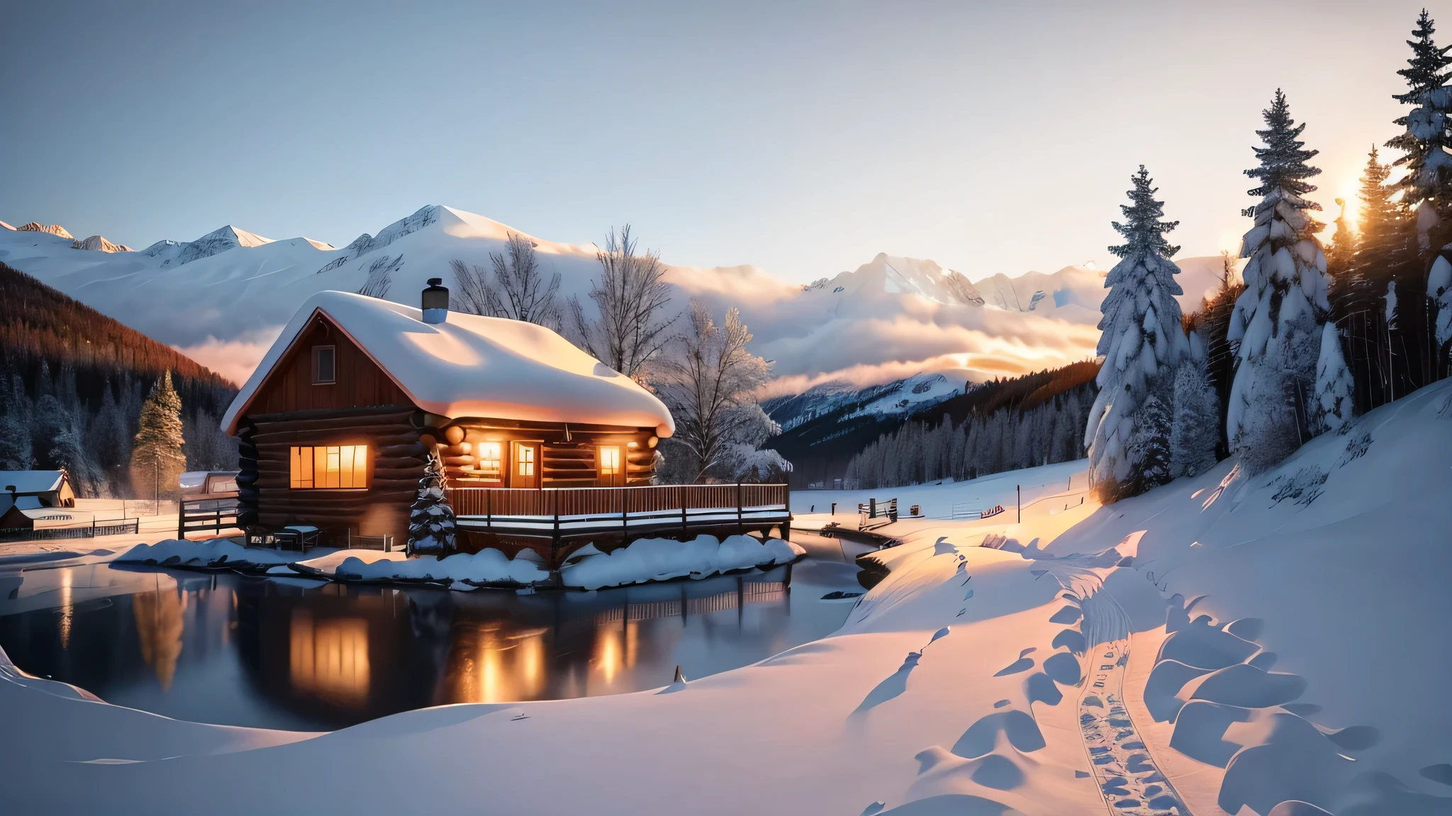 a view of a cabin in the snow with a sunset in the background, beautiful snowy landscape, winter setting, mystic winter landscape, beautiful winter area, outside winter landscape, winter landscape, winter landscape outside, winter, winter time, winter scene, snow, snowy winter scene, winter scene fantasy, winter lake setting, sunny winter day, snowy landscape, shutterstock