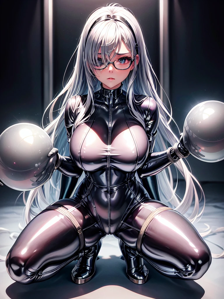 5 8K UHD、Silver shiny silver full body rider suit with glasses、Silver hair、Nostalgic beauty、Crotch wide open and squat hips thrust forward、Silver latex slider suit with hidden skin gloss,masterpiece, highest quality, , big brecuffs, bondage_blindfold,arily st, ball_gag, restrained, Ahegao, stage